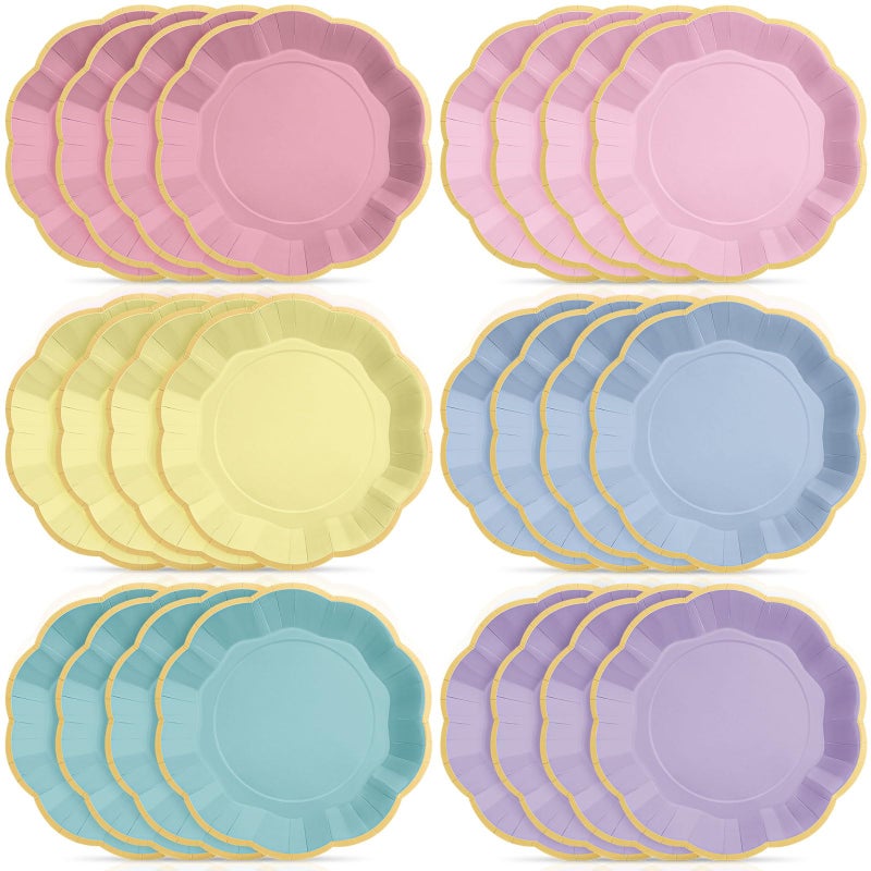 Tiangrid 72 Pcs Pastel Paper Plates 9 Inch Colorful Rainbow Gradient Scalloped Paper Disposable Dinner Dessert Plates for Birthday Wedding Bridal Party Supplies, 6 Colors - Image 1